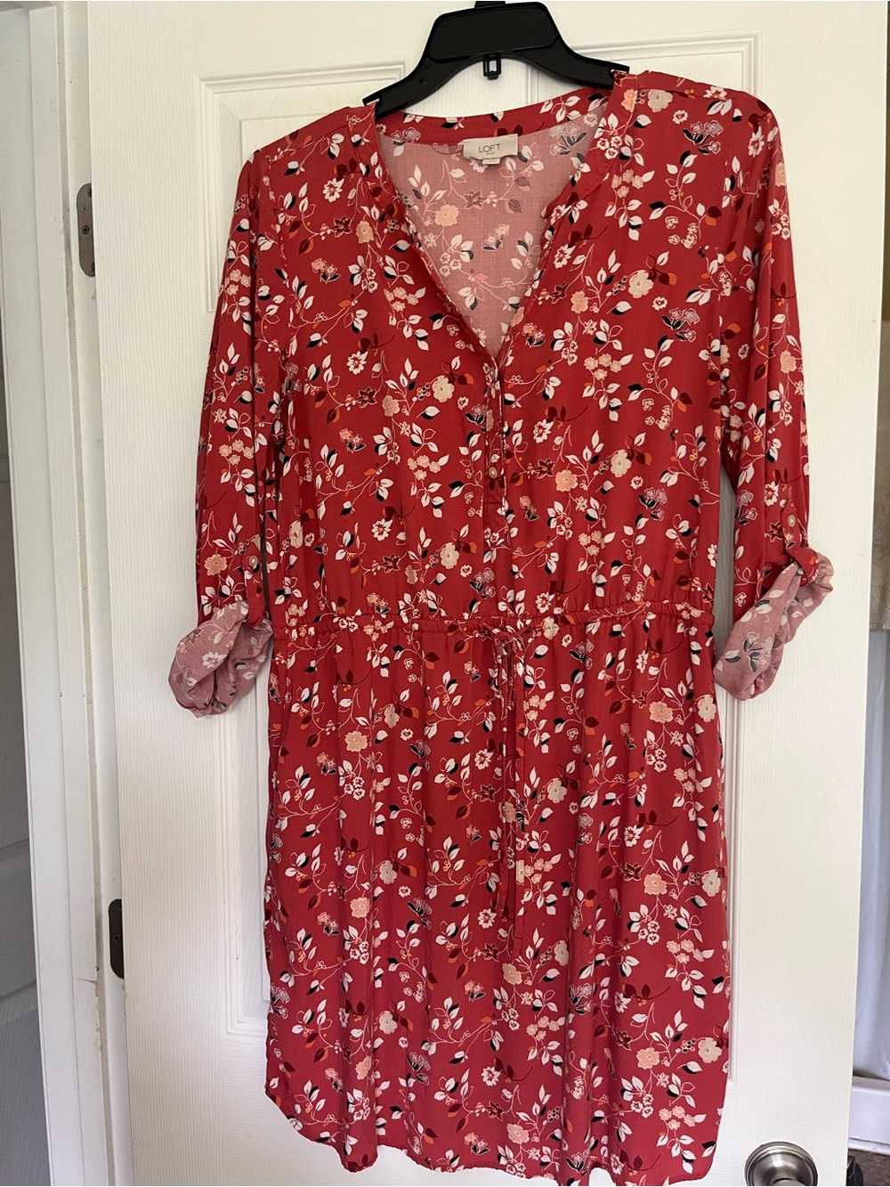LOFT Red Floral V-Neck Drawstring Long Sleeve Dress